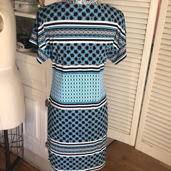 Art Deco Turquoise & Black Print Stretch Shift Dress by WHBM XS - Picture 5 of 8